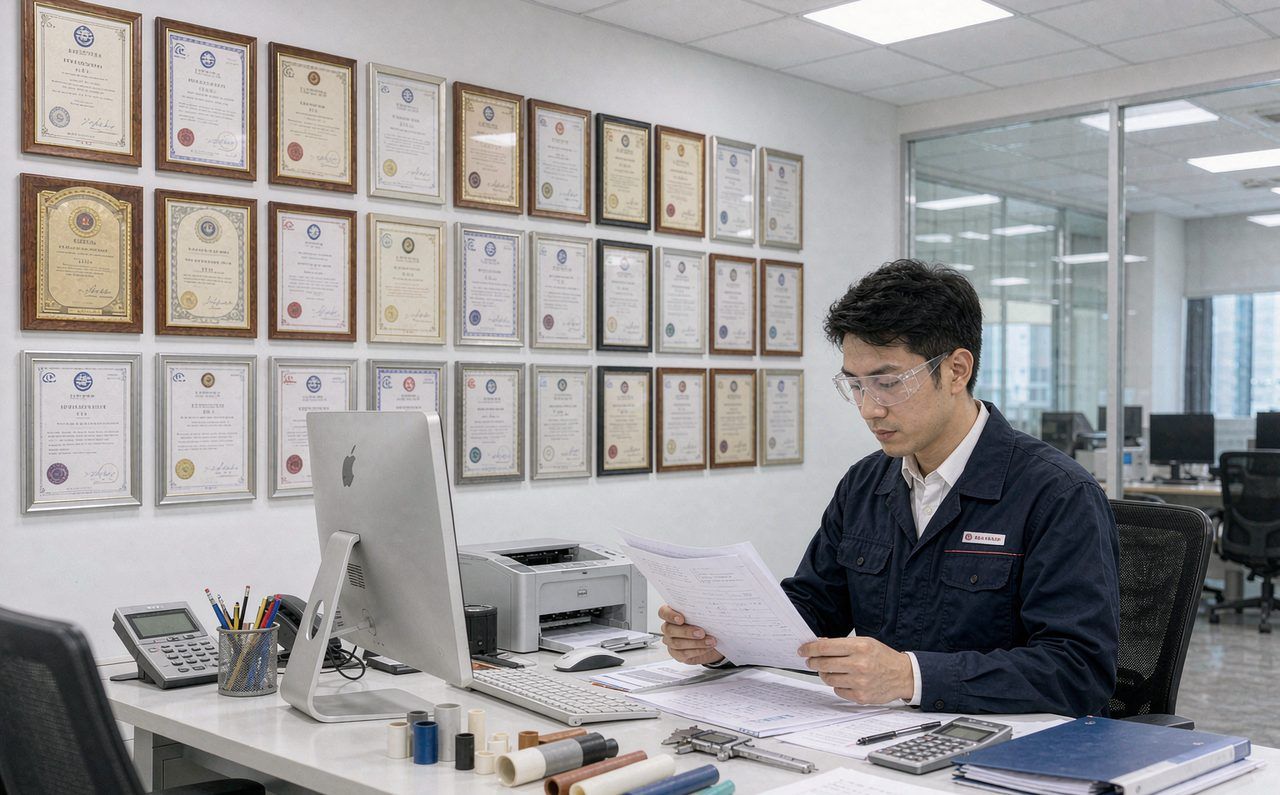 WCW quality assurance office with framed UL, ISO and IATF certificates